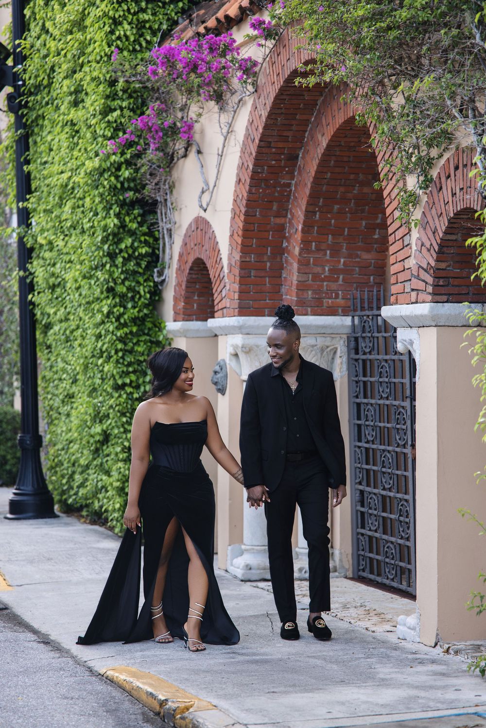 Palm Beach engagement session — couple in elegant black formalwear