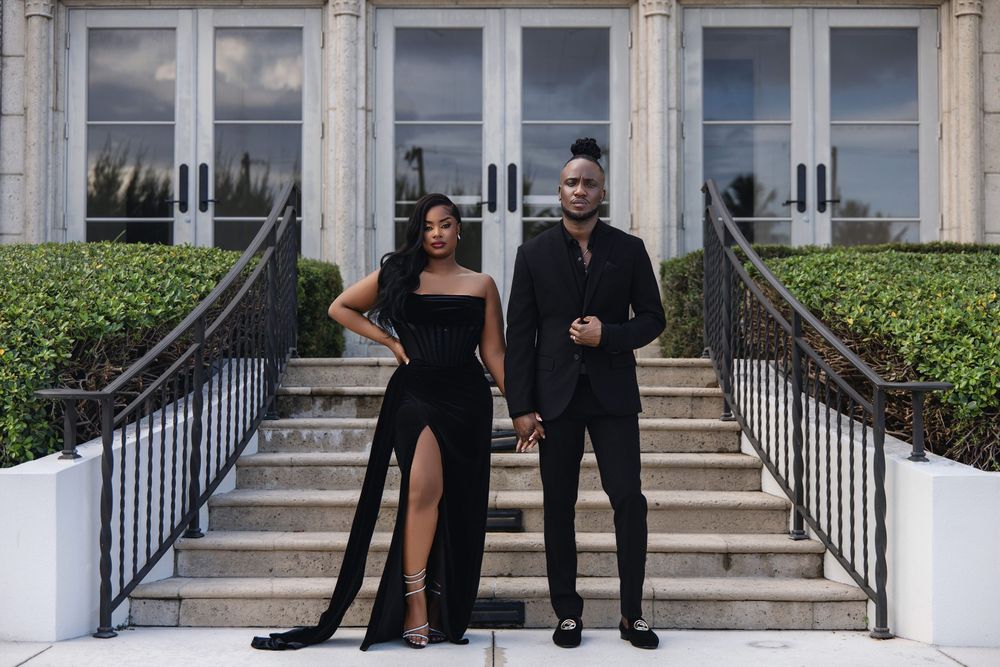 South Florida engagement session — couple in elegant black formalwear