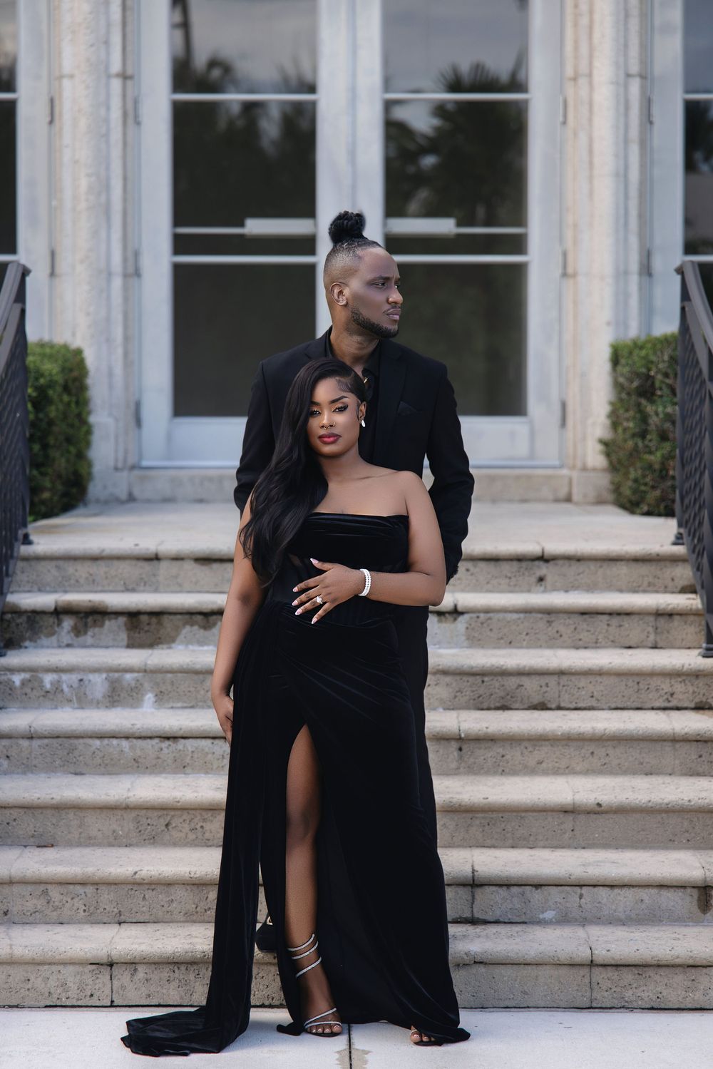 Miami engagement session — couple in elegant black formalwear