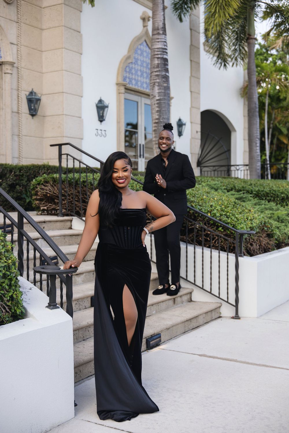 South Florida engagement session — couple in elegant black formalwear