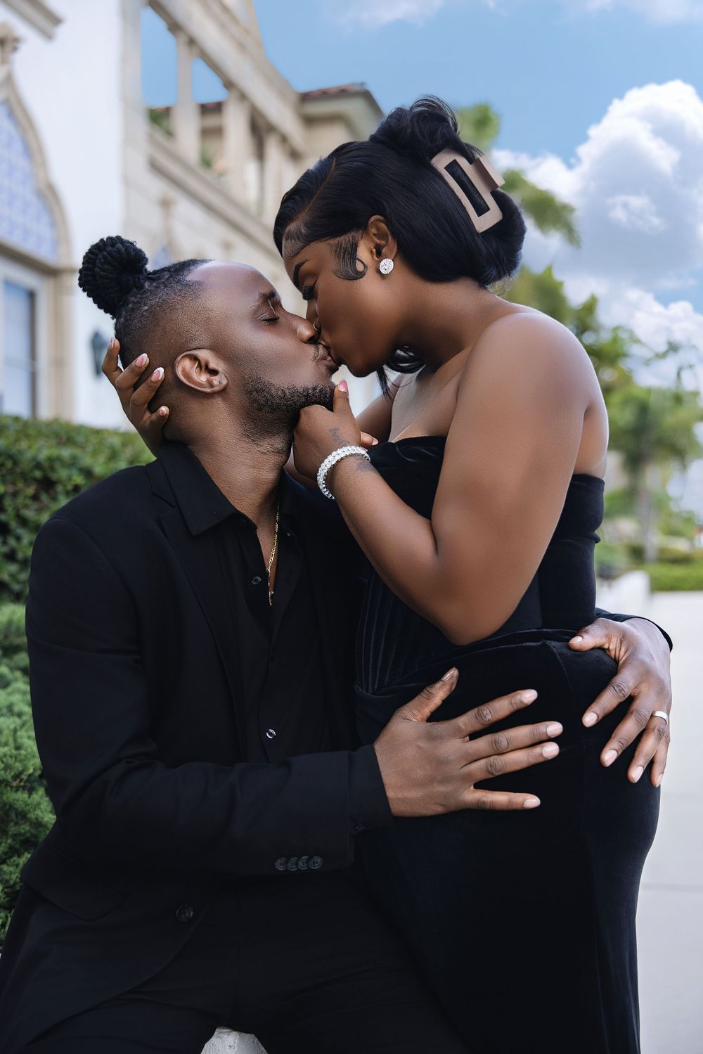 Palm Beach engagement session — couple in elegant black formalwear