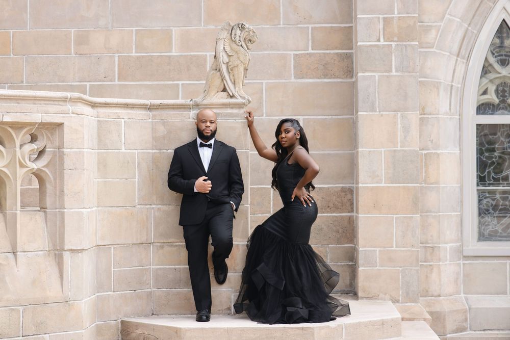 South Florida engagement session — couple in elegant black formalwear