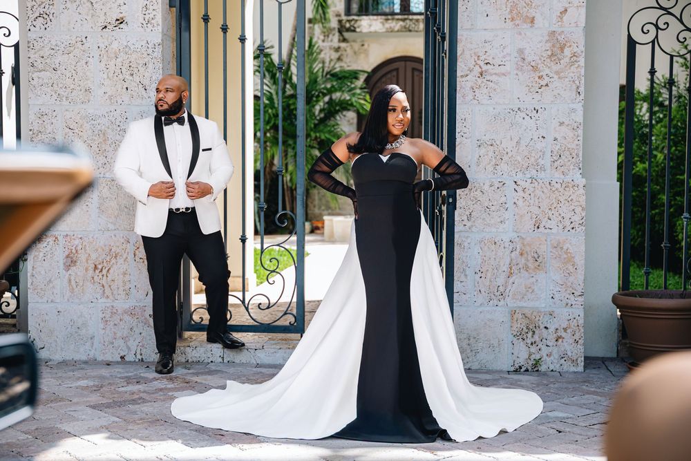 Palm Beach engagement session — couple in elegant black formalwear