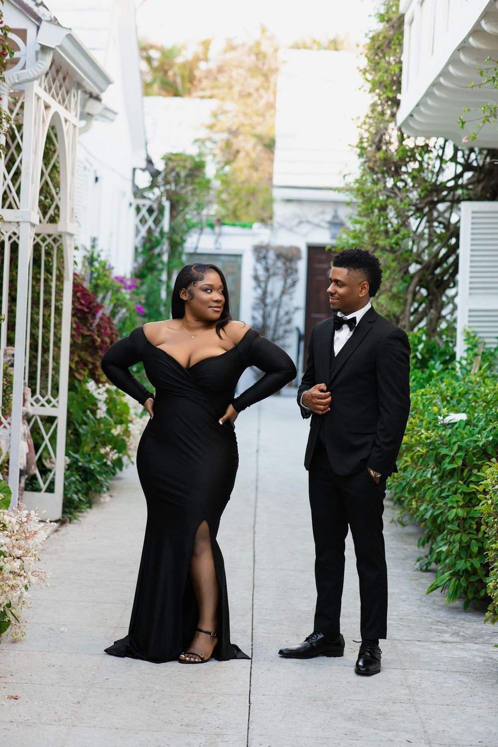 Miami engagement session — couple in elegant black formalwear