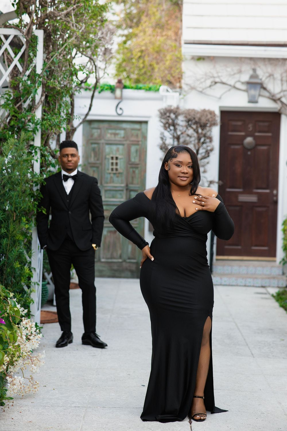 South Florida engagement session — couple in elegant black formalwear