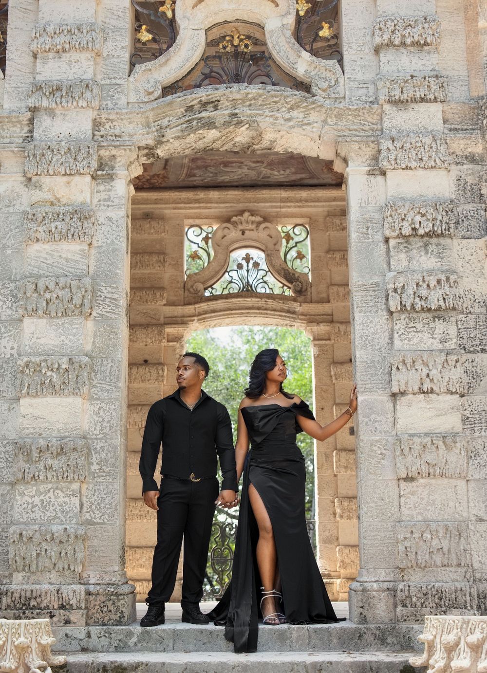 South Florida engagement session — couple in elegant black formalwear