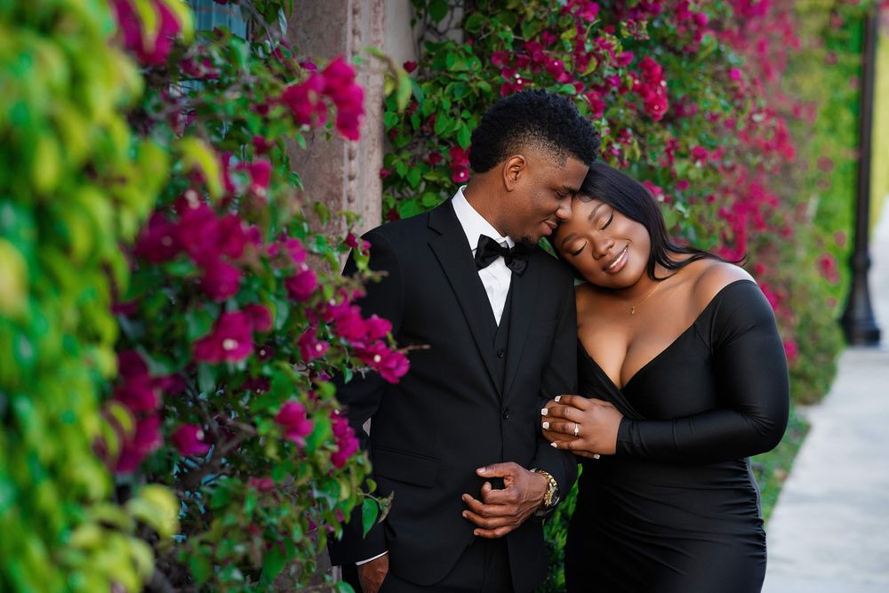 Miami engagement session — couple in elegant black formalwear