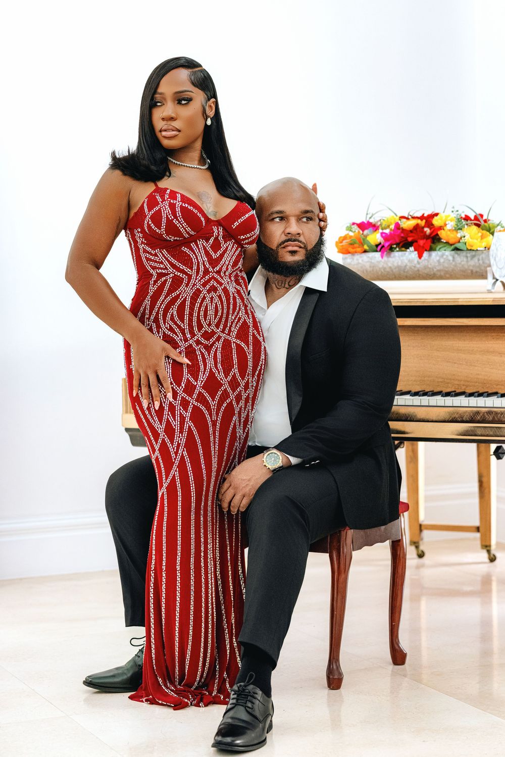 Palm Beach engagement photos — couple in a red evening look
