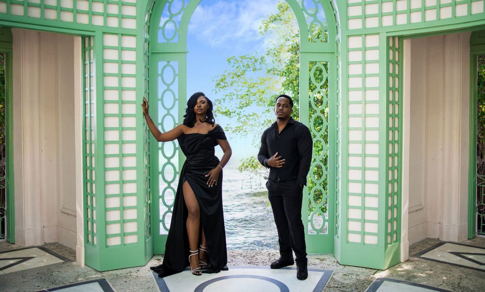 Palm Beach engagement session — couple in elegant black formalwear
