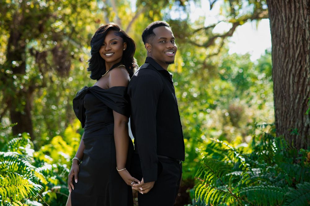 South Florida engagement session — couple in elegant black formalwear