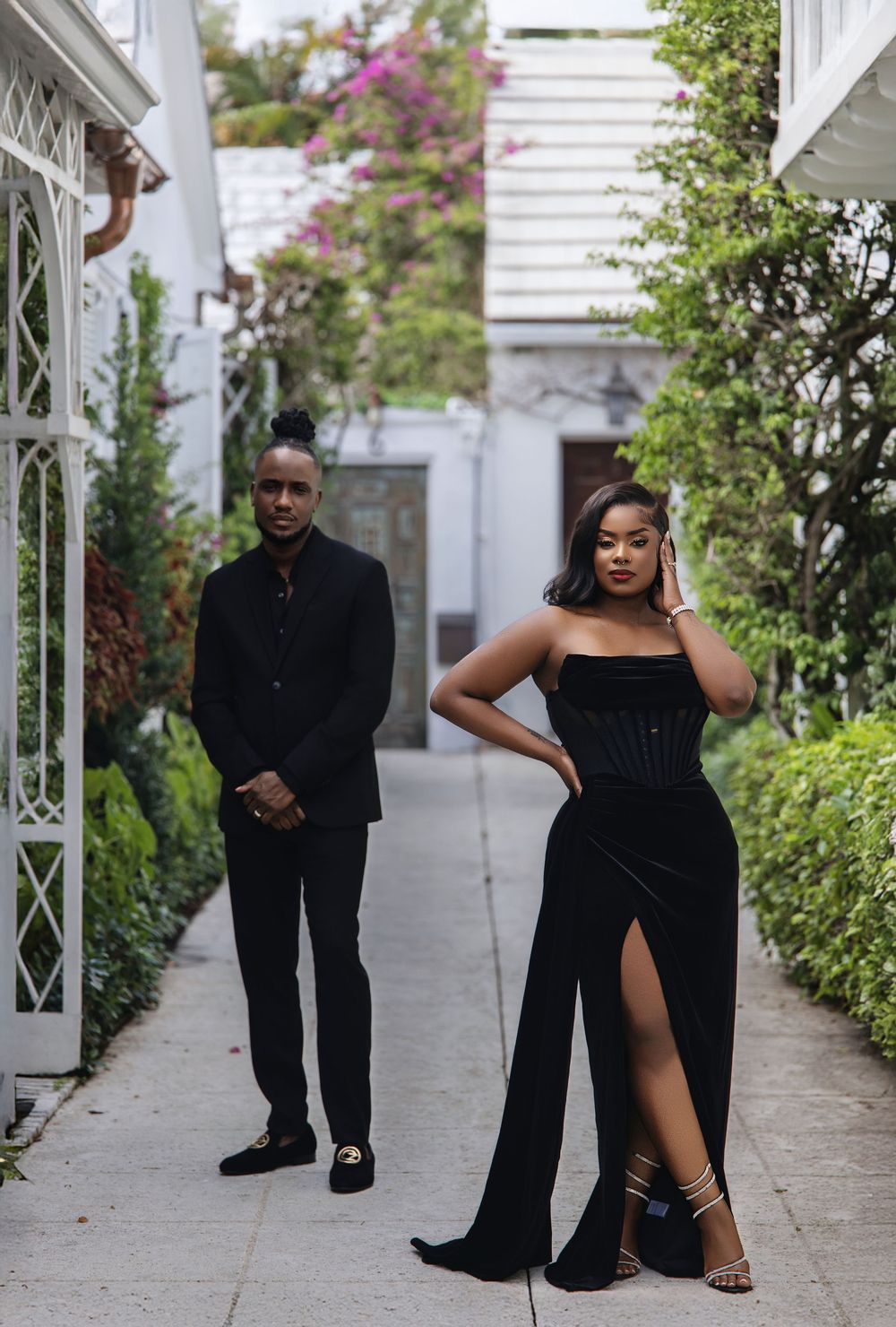 Palm Beach engagement session — couple in elegant black formalwear